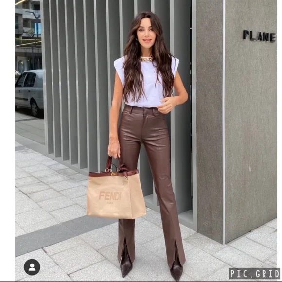 Zara 4387 Split Hem Leather Trousers Zara Wide Leg Zara Faux